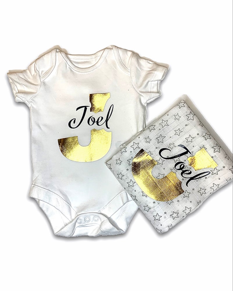 Baby Monogram Letter Personalised Baby Grow with Muslin Cloth