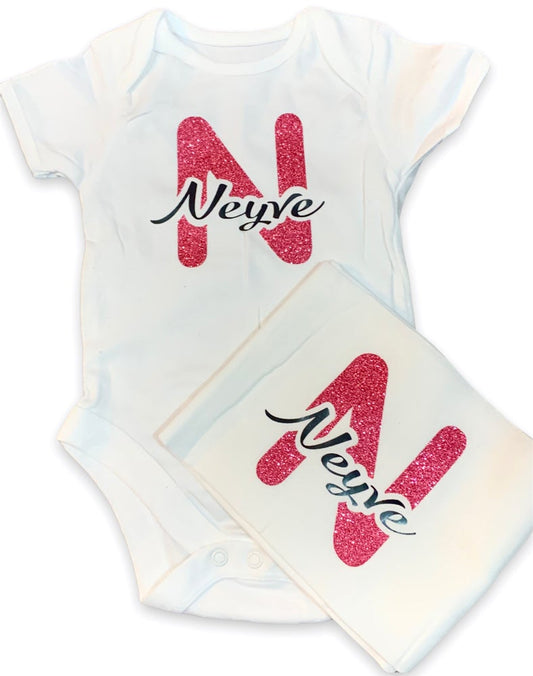 Baby Monogram Letter Personalised Baby Grow with Muslin Cloth