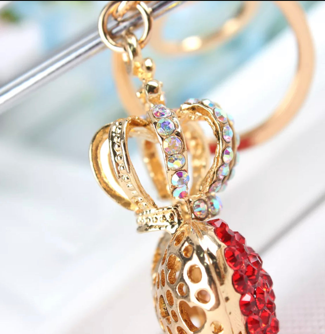Bling Red Crystal Crown Heart Keyring