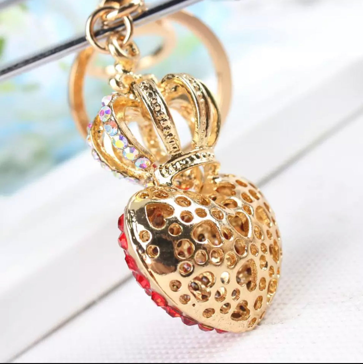 Bling Red Crystal Crown Heart Keyring