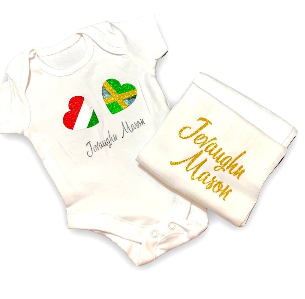 Dual nationality personalised glitter baby vest mixed heritage butfirstletsglam